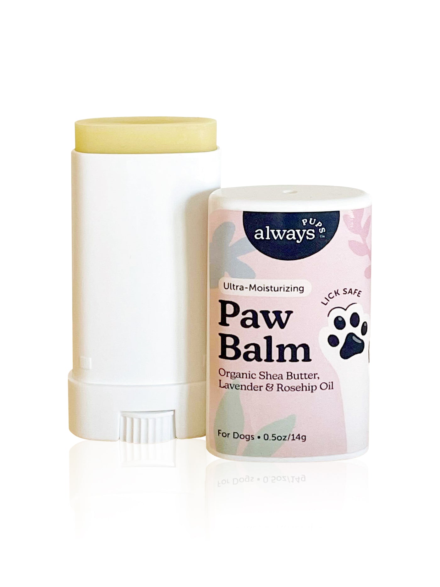 AlwaysPups All Natural Organic Paw Balm for Dogs - 0.5oz in a twist-up tube open and showing the content