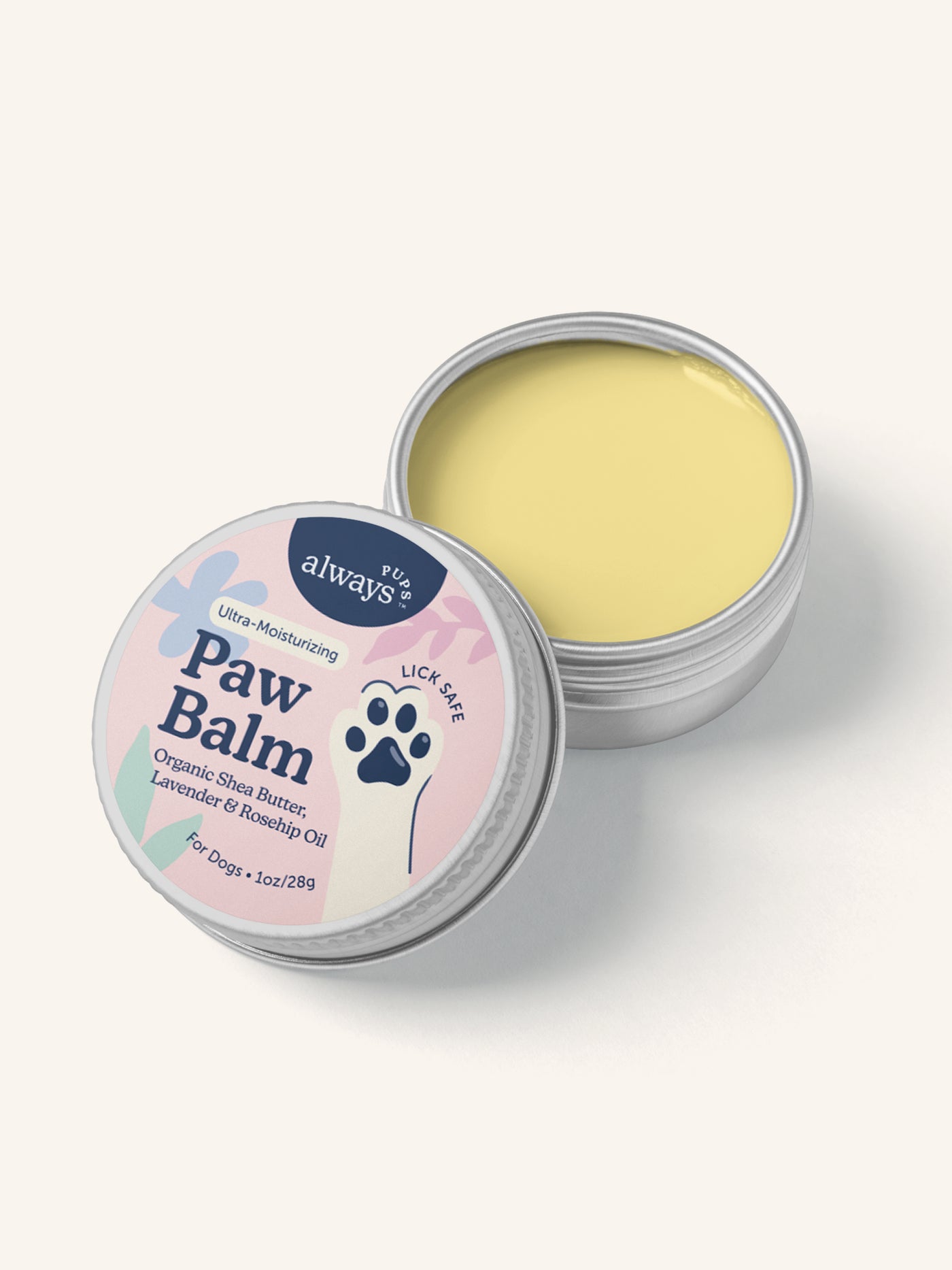AlwaysPups All Natural Organic Paw Balm for Dogs - 1oz in a metal tin open and showing the content - light yellow balm